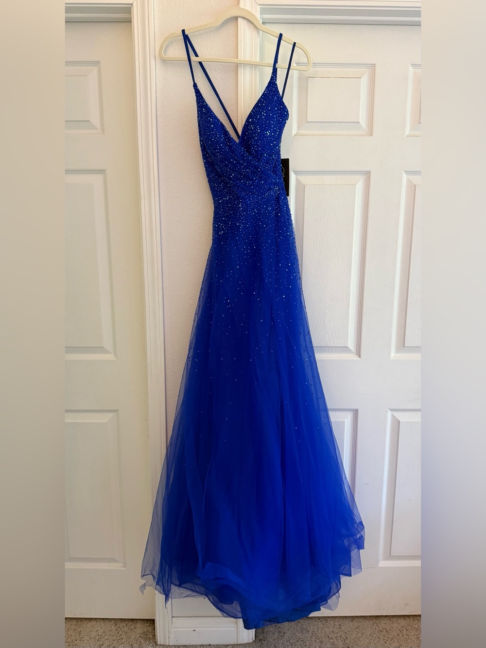 La Femme Cobalt Blue Beaded V-Neck Prom Gown